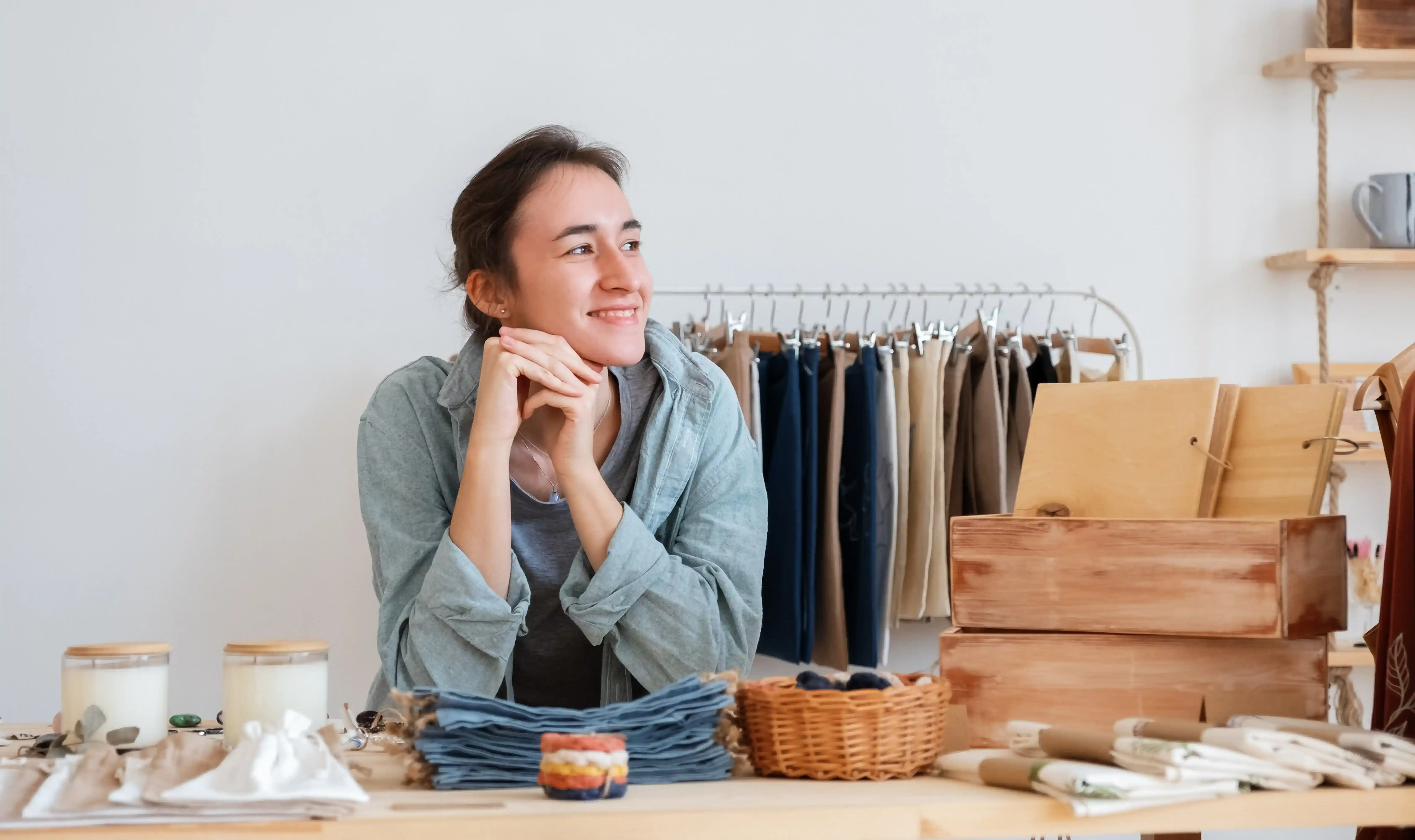 A content business owner looks across her desk